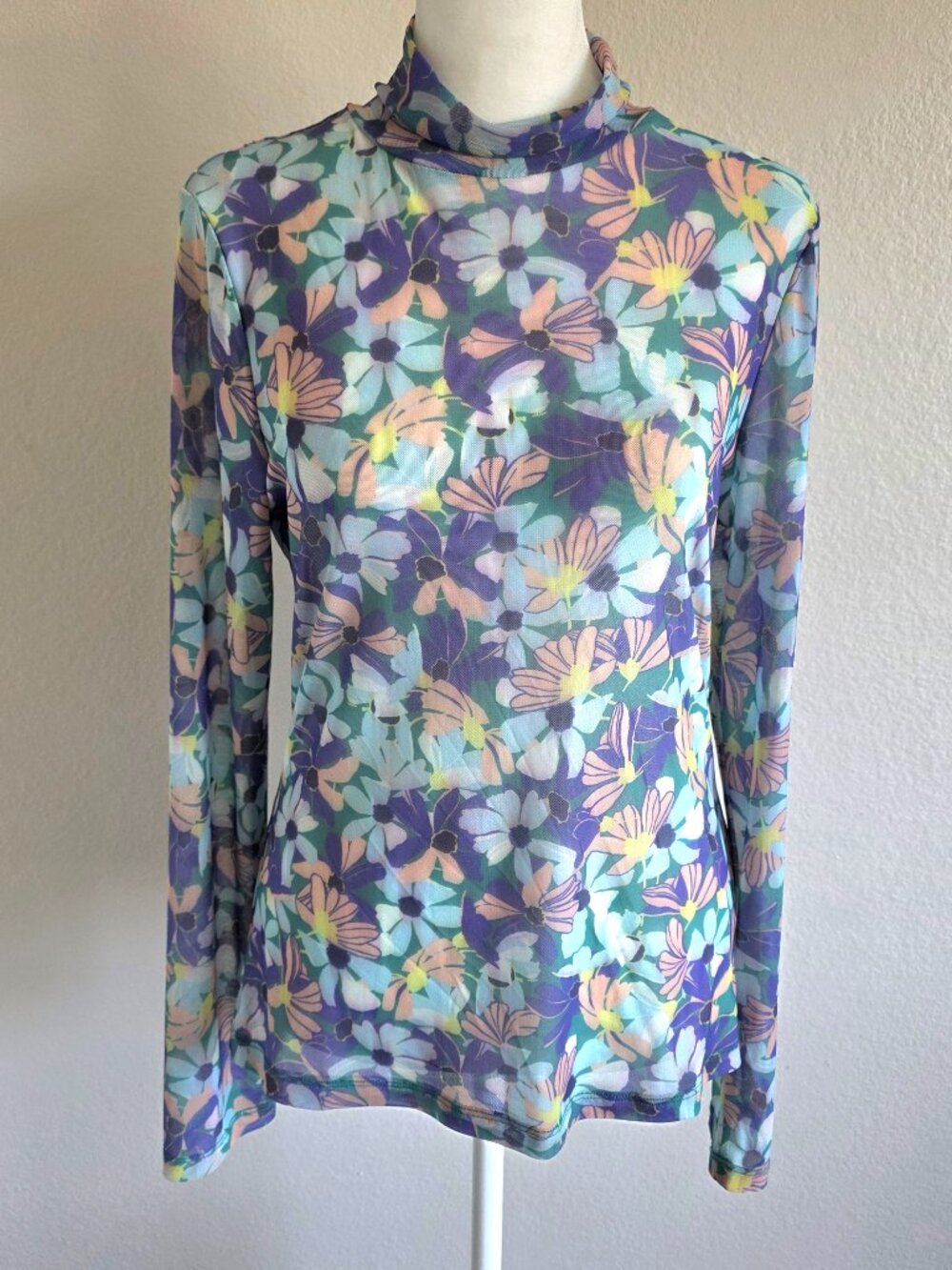Maeve Anthropologie Sheer Mesh Top Size M Teal Floral Mock Neck Layering Soft